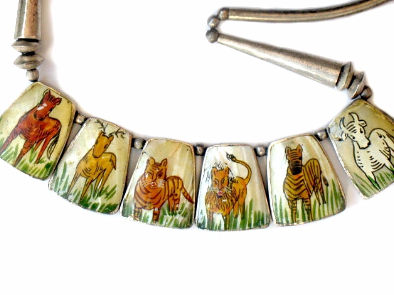 Silver TRIBAL Necklace Mother Of Pearl Handpainted African Animal Vintage/Antique OOAK Unique Collectable Jewelry Art Silver Abalone