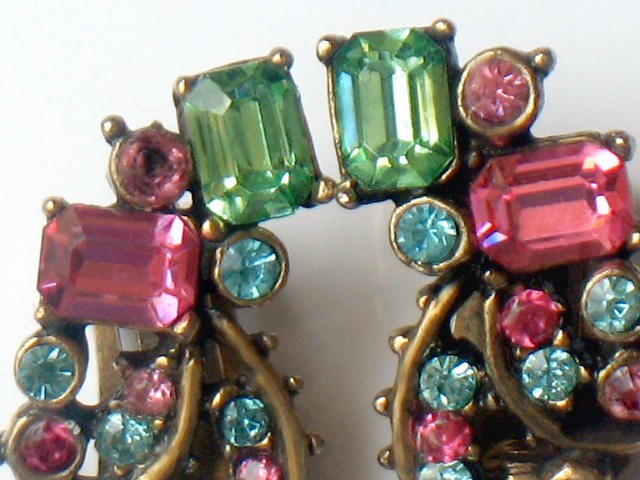 CLAUDETTE Rhinestone Earrings Signed 1950s Rare Collectable Jewelry Antiqued Gold Scrollwork Pink Green Blue