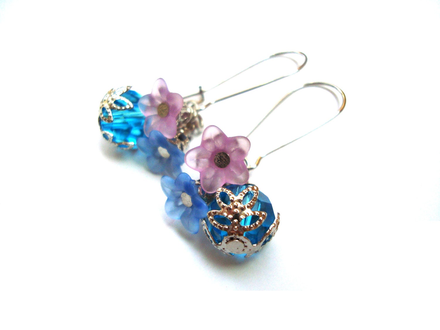Czech Glass Earrings. Flower Earrings. Flower Bouquet.Dangle Drop Earrings. Blue Jewelry. Flower Jewelry
