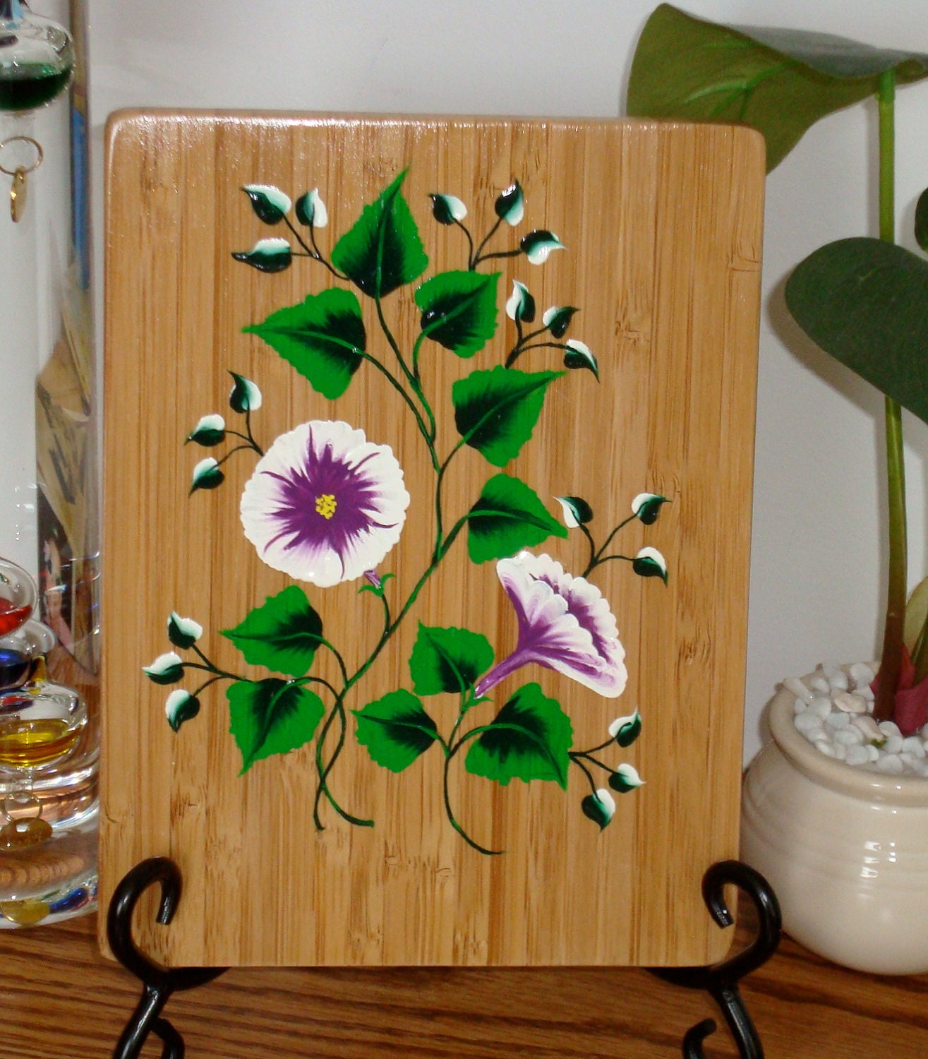 Painted Bamboo Trivet With Flowers and Bright Green Leaves