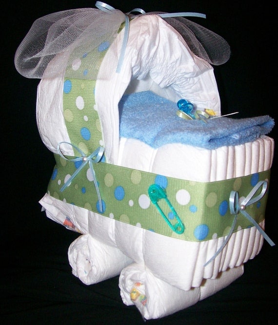 Bassinet Diaper Cake Baby Boy Shower Centerpiece Green Blue Dot