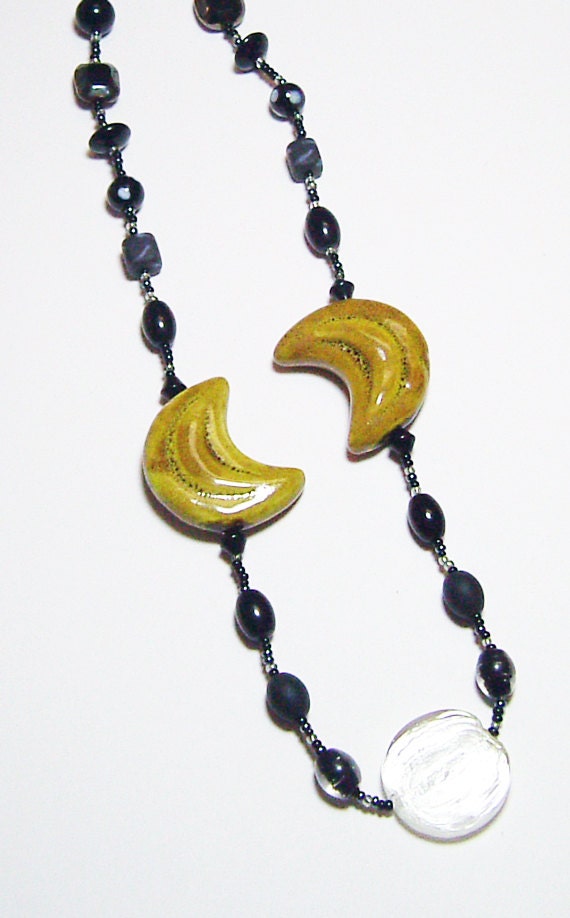 Mustard Gold Porcelain Crescents and Black Glass Beadwork Statement Necklace