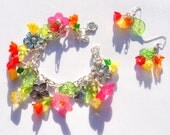 Flower Child Handmade Beaded Charm Bracelet and Earring Set in Silver Red Yellow Green Pink