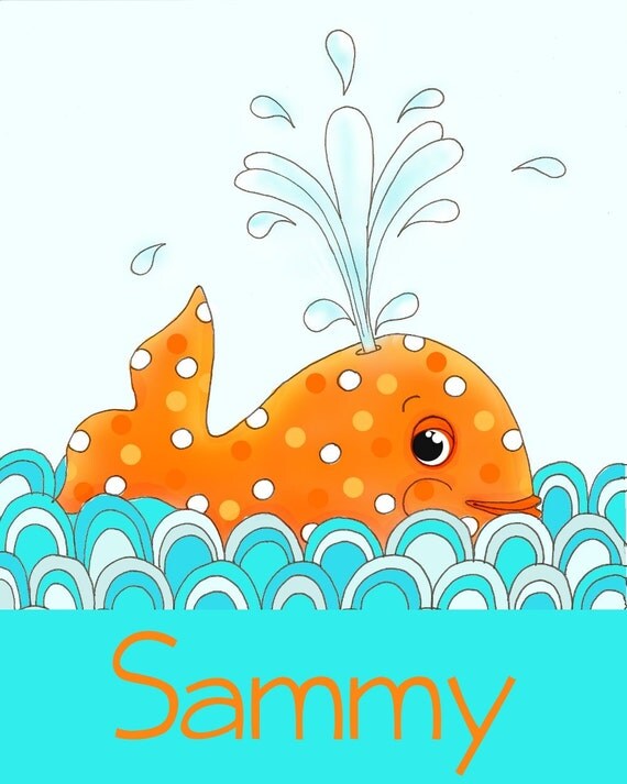 Orange Whale Nautical Ocean Kids Wall Art Personalized Children Decor 8x10 print boys nursery