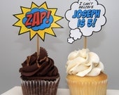 18 PRINTED Superhero Speech Bubble Cupcake Toppers