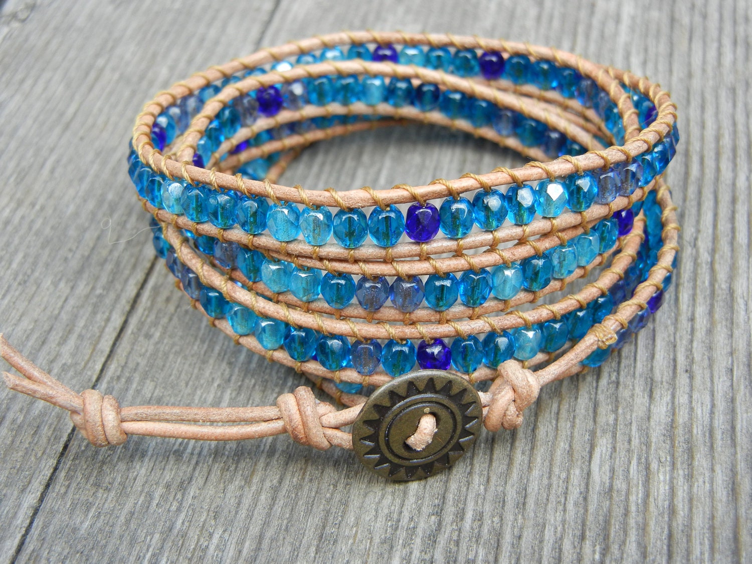 Spring Summer Beaded Leather 4 Wrap Bracelet with Beachy Blue Czech Glass Beads on Tan Leather