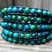 Beaded Leather 5 Wrap Bracelet with Blue and Green Sapphire Australian Jasper Beads on Black Leather