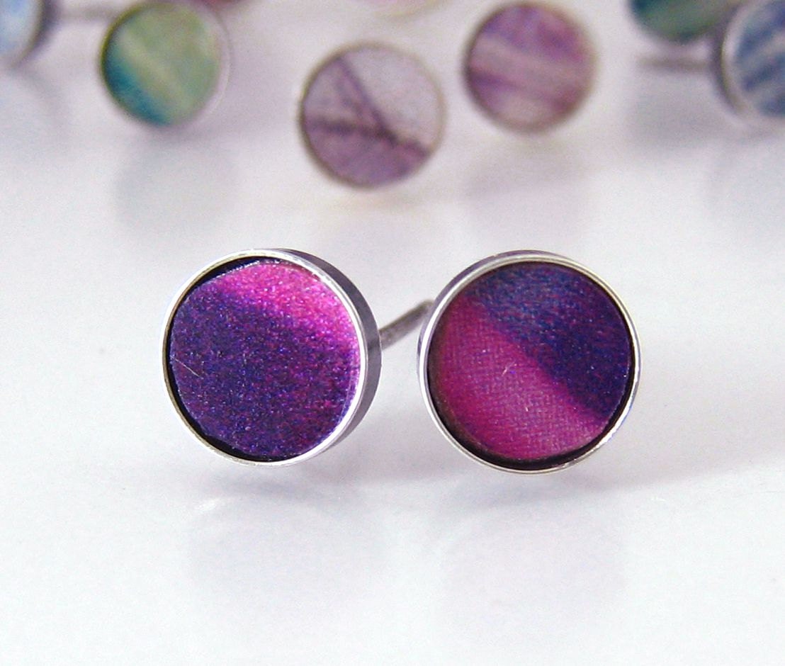 Deep purple and fuschia pink silver post earrings, unique handmade silver jewelry, polymer and silver, polymer clay jewelry