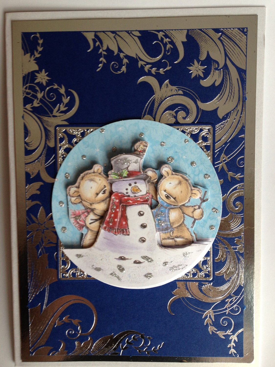 christmas card, teddy bear, snowman, decoupaged,royal blue and silver foil
