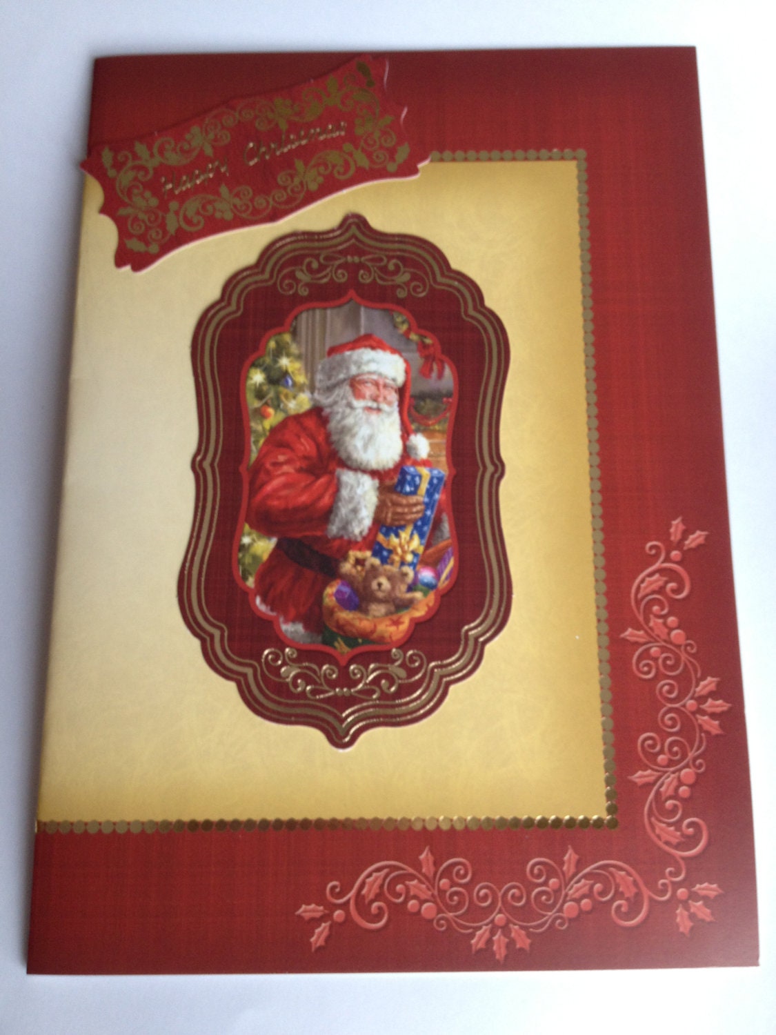 christmas card,red and gold foiled card, santa claus, childrens card, merry christmas