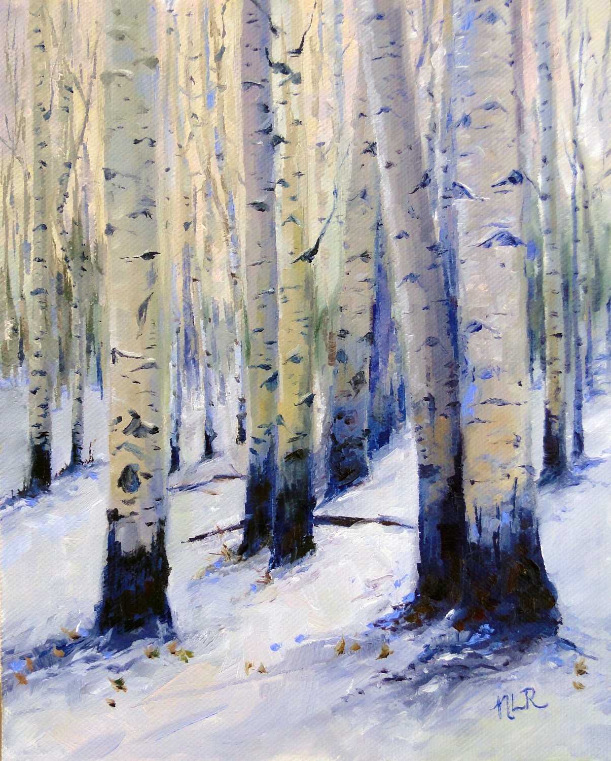 Giclee print of original oil painting impressionist realism "Winter Aspens", 8" x 10"
