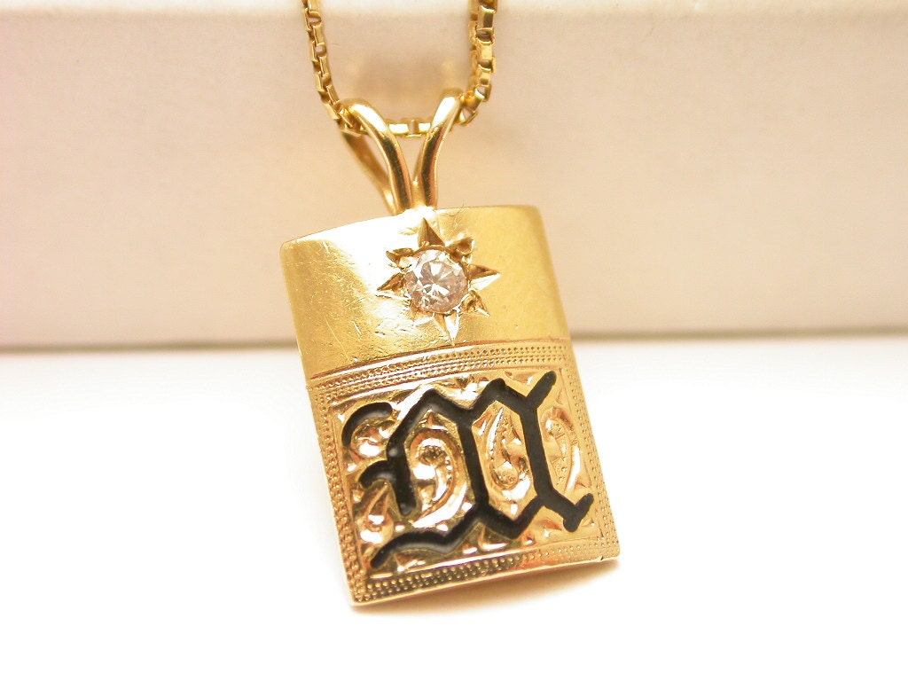 Solid 14K Yellow Gold "M" Mongram Pendant with Diamond and flat box Chain