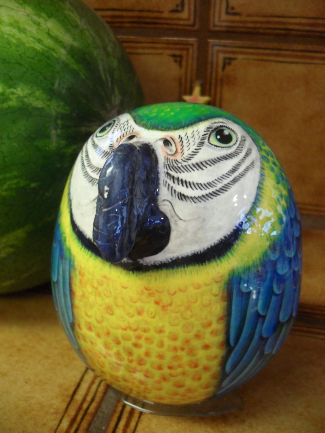Blue & Gold Macaw Parrot Rock OOAK Hand Painted Sculpture