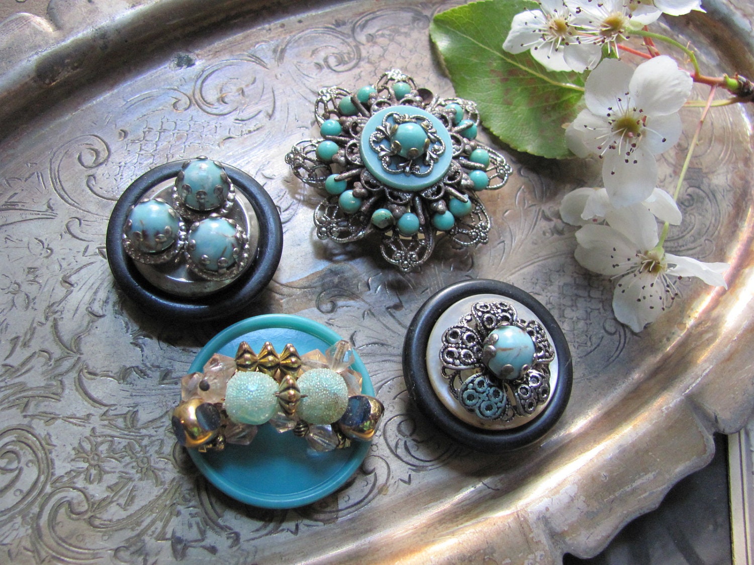 Handmade Antique Button Vintage Earring Refrigerator Magnet Set of 4