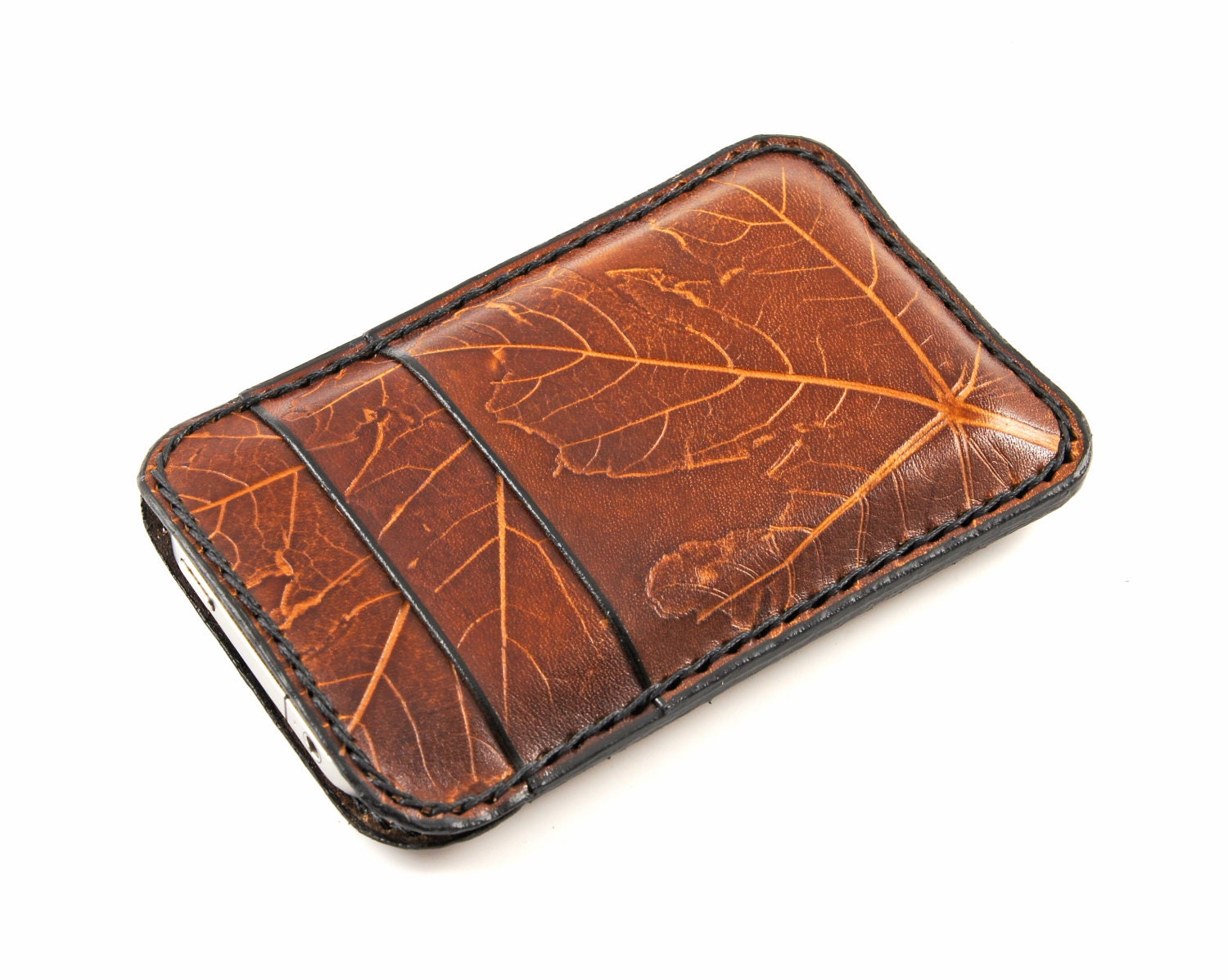 Iphone 4/4s case leather true leaves pressed