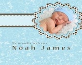 Blue and Brown Birth Announcements, PRINTABLE 5x7 file