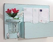 Mail organizer, floral vase, key hooks, mail holder, vintage, sconce, wood, distressed, shabby chic, home decor,painted Baby Blue