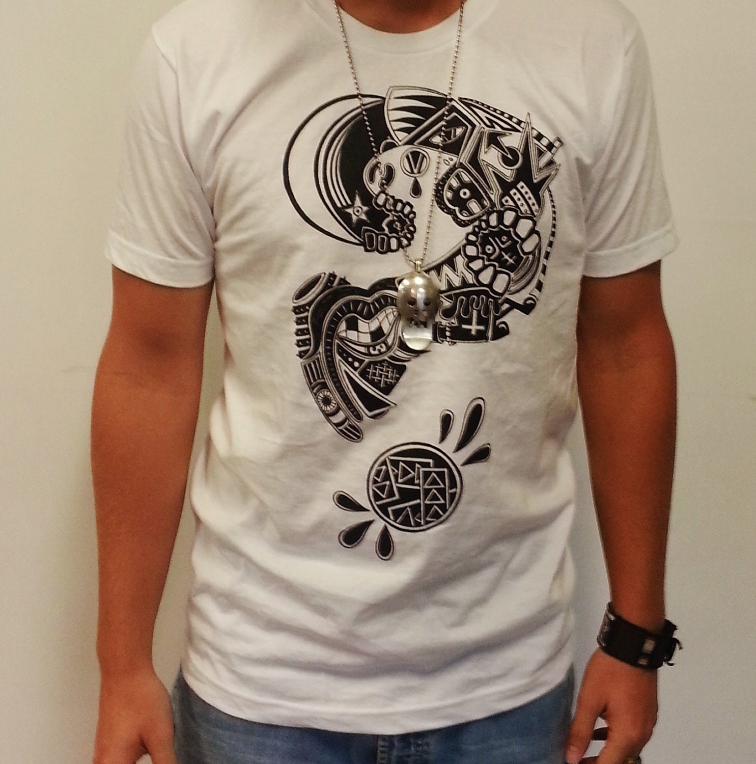 Black and white Graphic Screen Printed Tshirt- Question Mark Hand Drawn Design on Gilden Apparel White Tee shirt Unisex for men and women