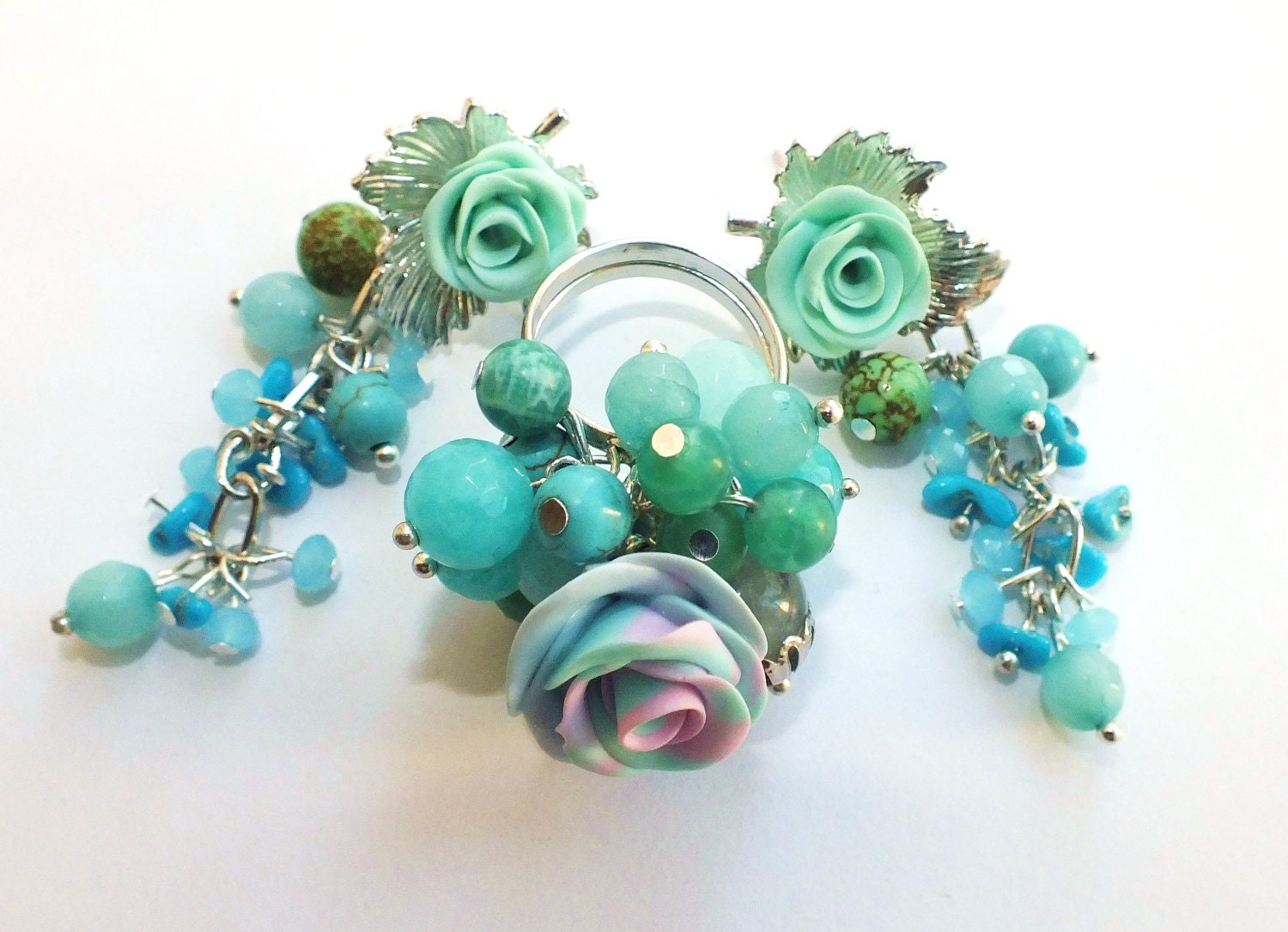 SALE - Silver plated, Long Dangle Earrings, natural turquoise gem stone, Beaded Aquamarine ring - Summer Beach jewelry set