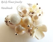 Wedding Beaded Ring, Natural Pearl and Jade Adjustable Ring