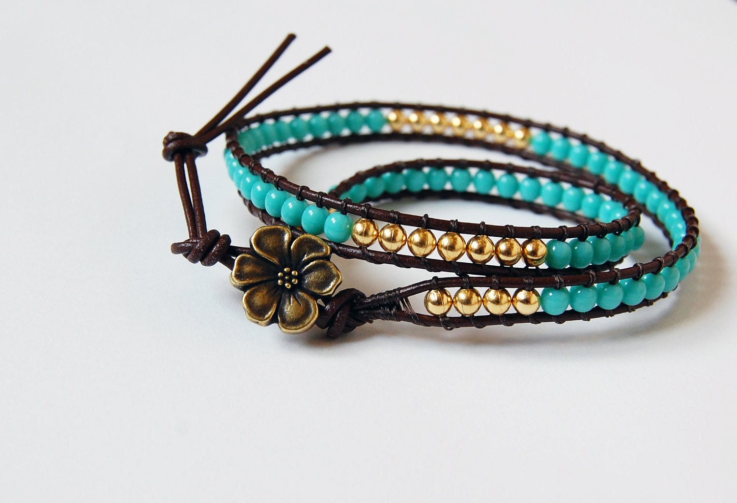 Beaded Leather Bracelet - Vivid Blue and Brass Beads on Brown Leather - beadsandbrass