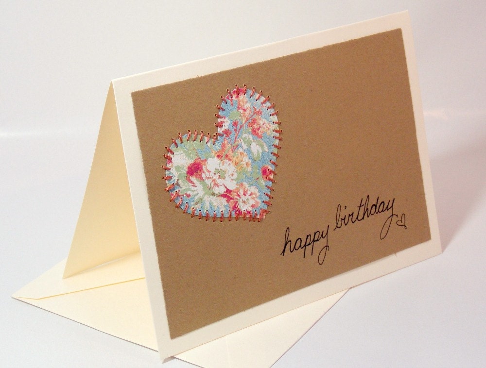 Floral Heart Birthday Card brown blue pink happy birthday