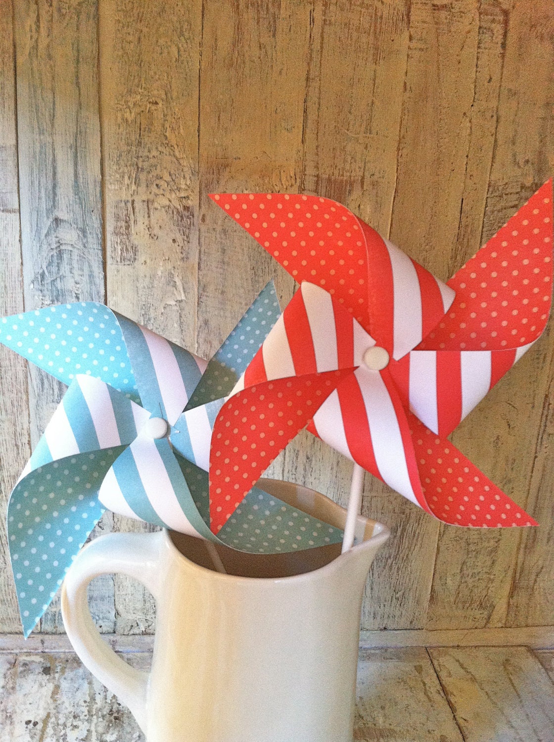 Paper Pinwheels - Vintage Red & Breakfast at Tiffanys striped Pinwheels -Set of 6