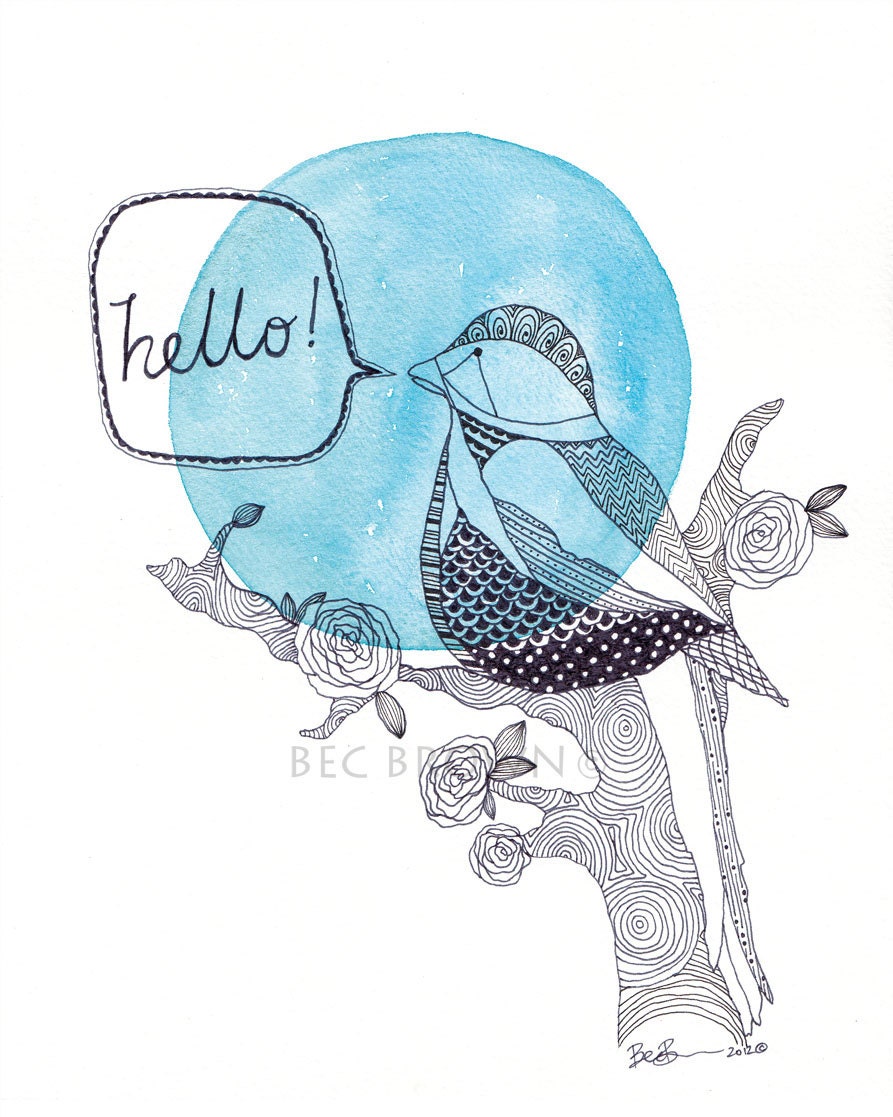 Blue Bird Tweet Hello Watercolour Art Drawing 8x10" Print (unframed)