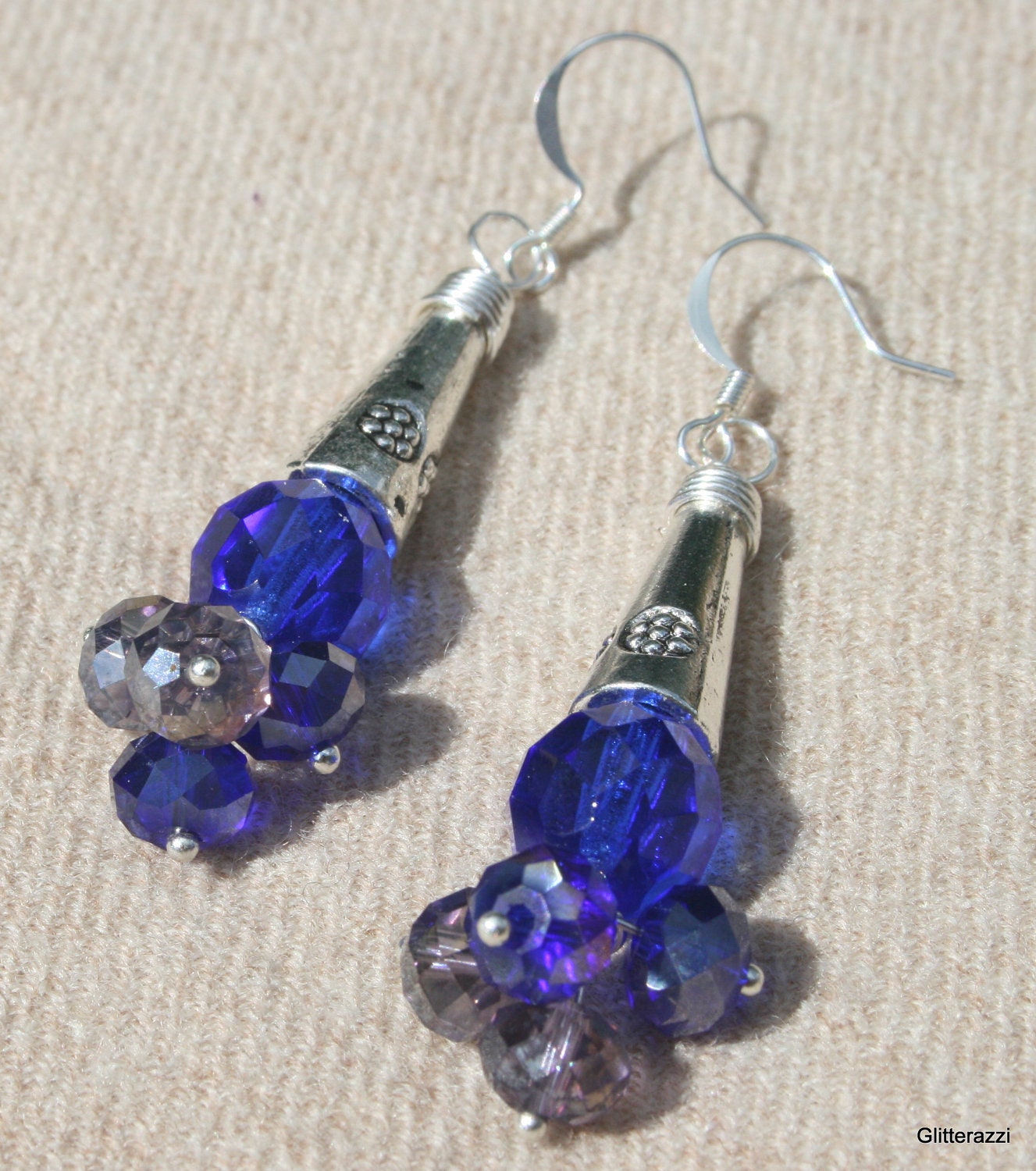 Cobalt blue and lilac crystal silver chandelier earrings.