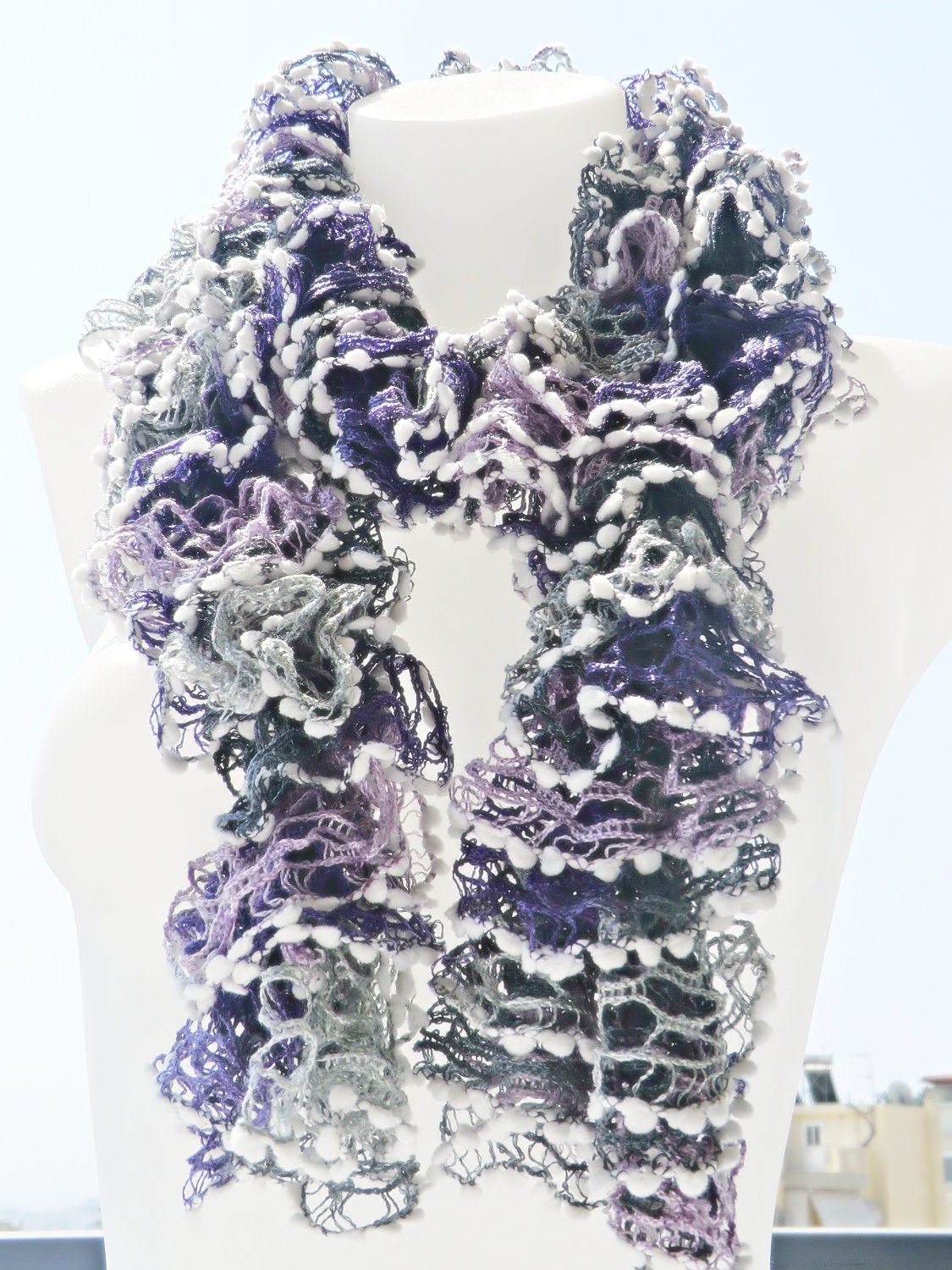 Luxurious, frilly scarf, ruffled scarf,  fashion scarf, lilac, grey, white.