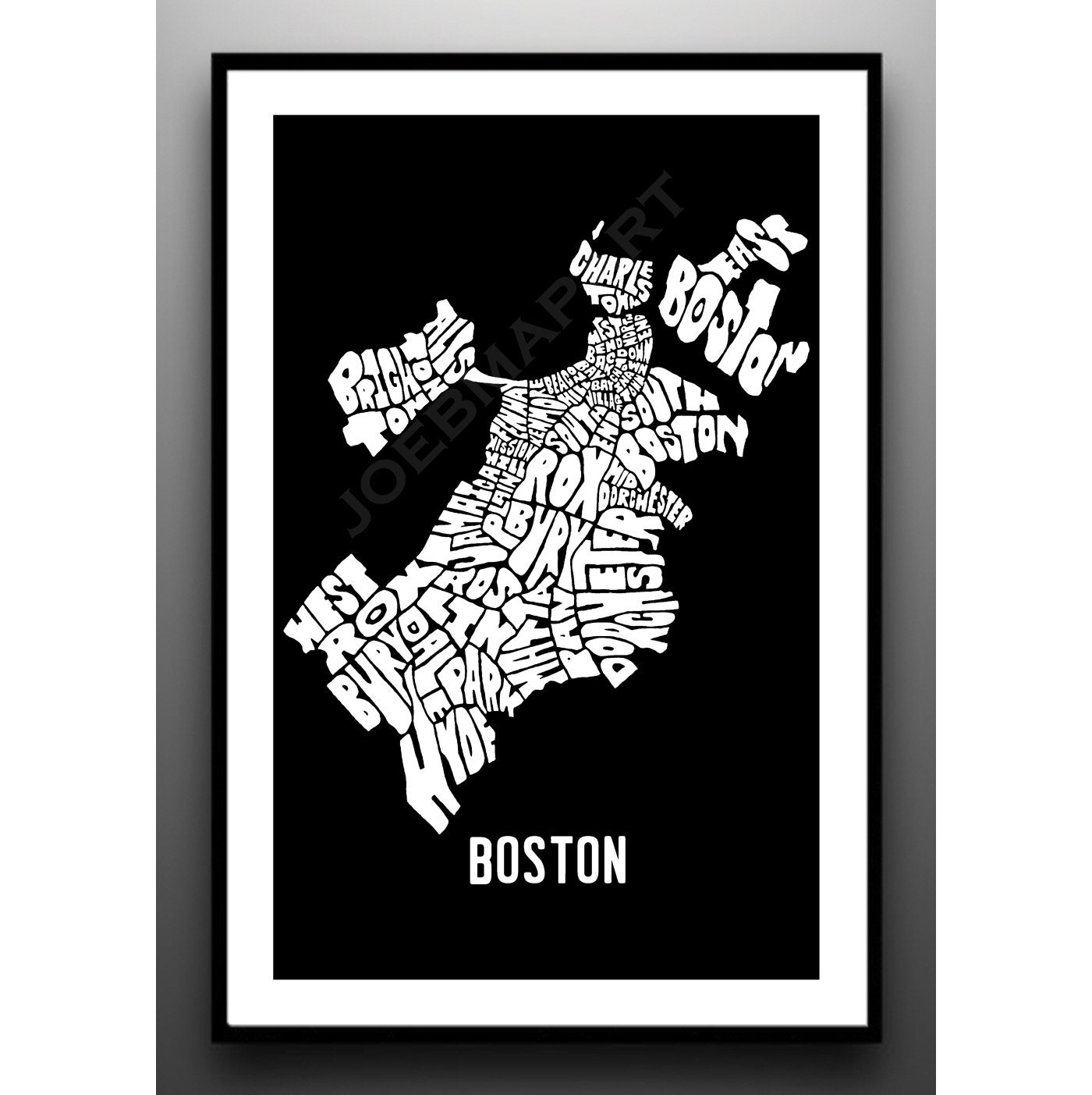 BOSTON Neighborhoods Typography Map Art Print - bus scroll subway sign art print - joebmapart