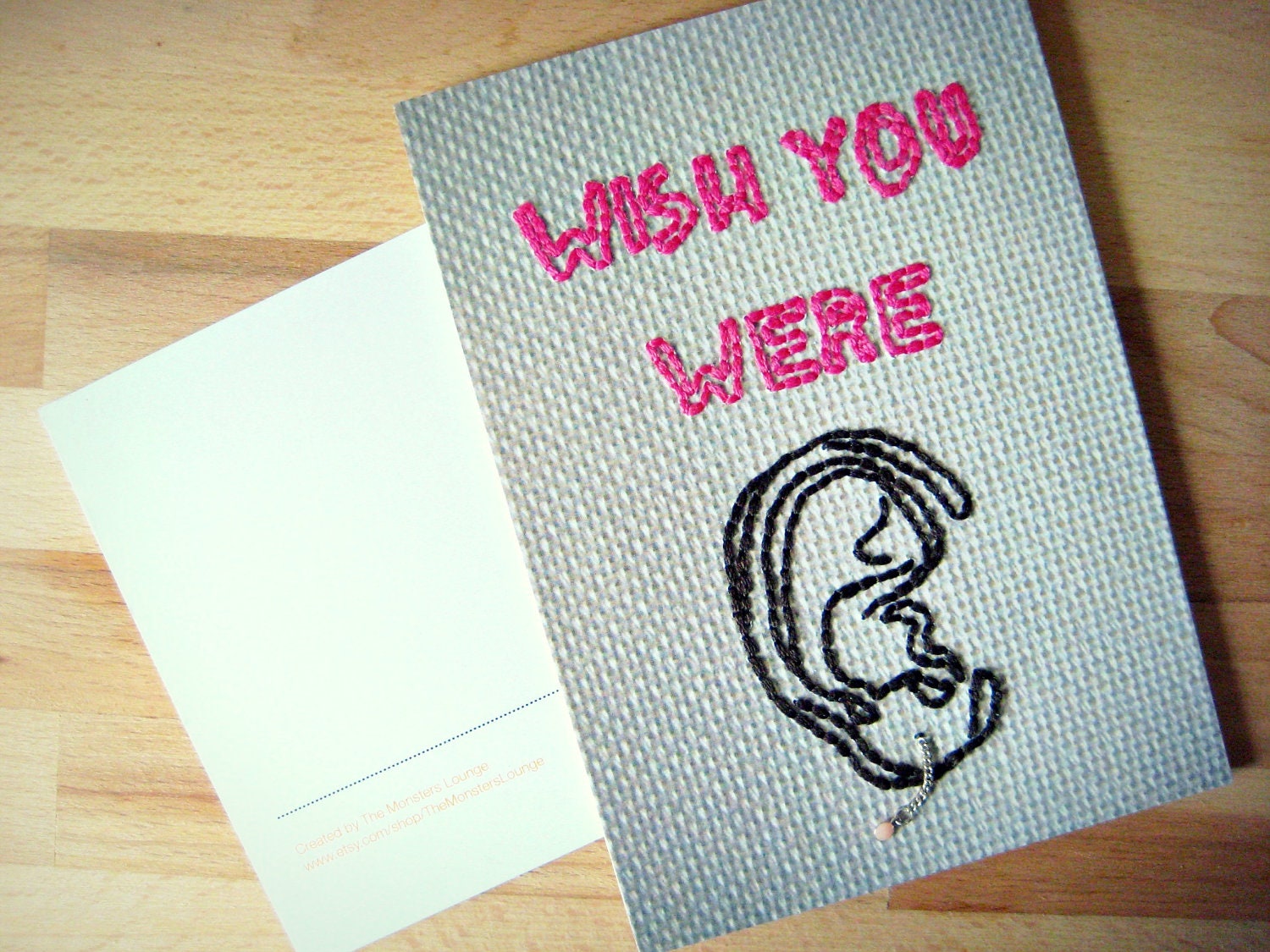 THINKING OF YOU - Wish you were here in pink.  Funny needlecrafted greeting card with earring