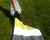 Hand Knit Baby Blanket, Charcoal Gray, Silver Grey, White, Lime & Navy, Stripes, Simple, Modern, Free Shipping