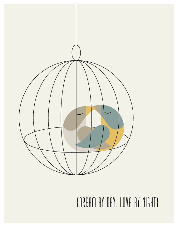 Birdcage Love Birds Print - Mid Century Style Neutral Tones