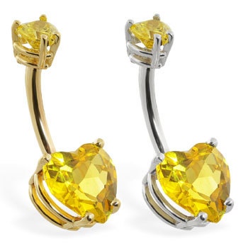 14K Solid Gold belly ring with Citrine double heart Stone, Yellow or White gold. Free Shipping