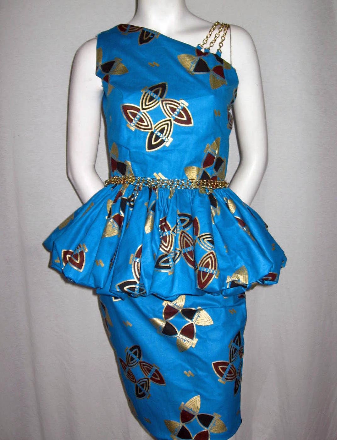 Turquoise, Brown, Black Gold Metallic African Wax Print Peplum Top and Pencil Skirt