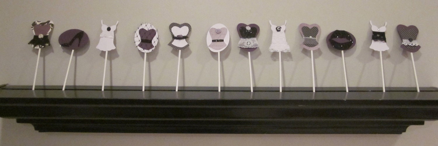 Bachelorette party cupcake toppers corset lingerie heart lips and high heel MIX and MATCH set of 12 purple black and white