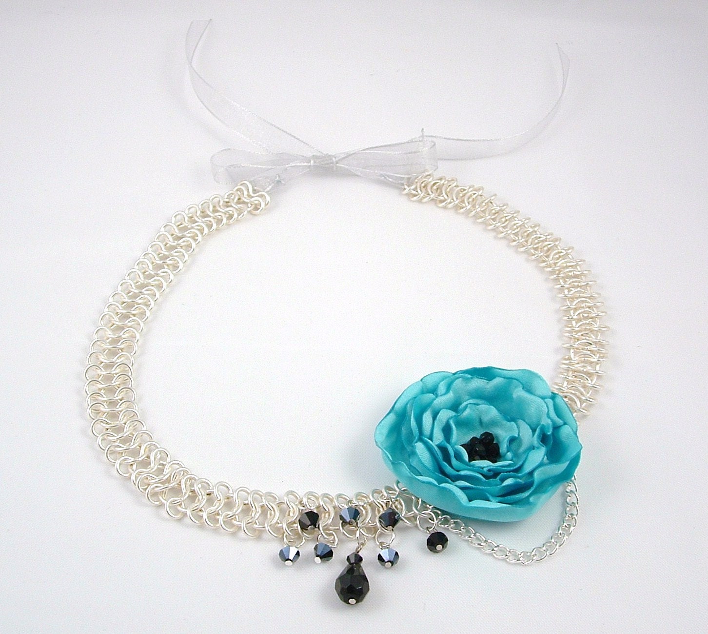 Aqua Blue Flower Statement Flower Fabric Necklace, Unique Jewelry