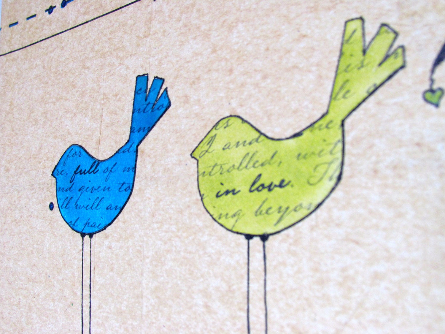 Mixed Media - Canvas - Blue and Green Birds  & Tree - Collage Art - Jane Austen