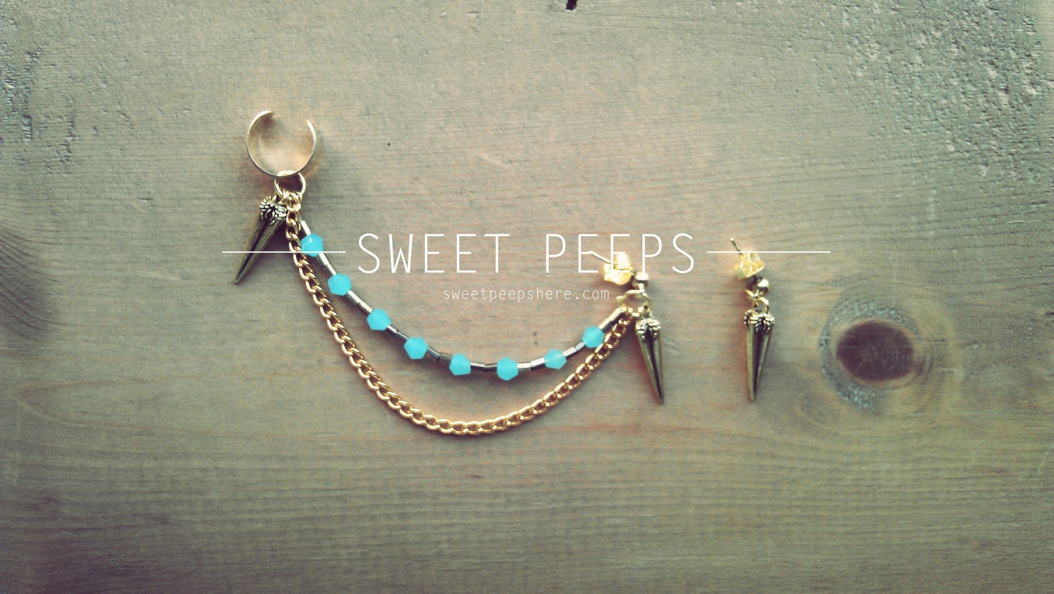 Gold Ear Cuff with Gold Spike and Beautiful Blue Crystals and BONUS Spiked Earring