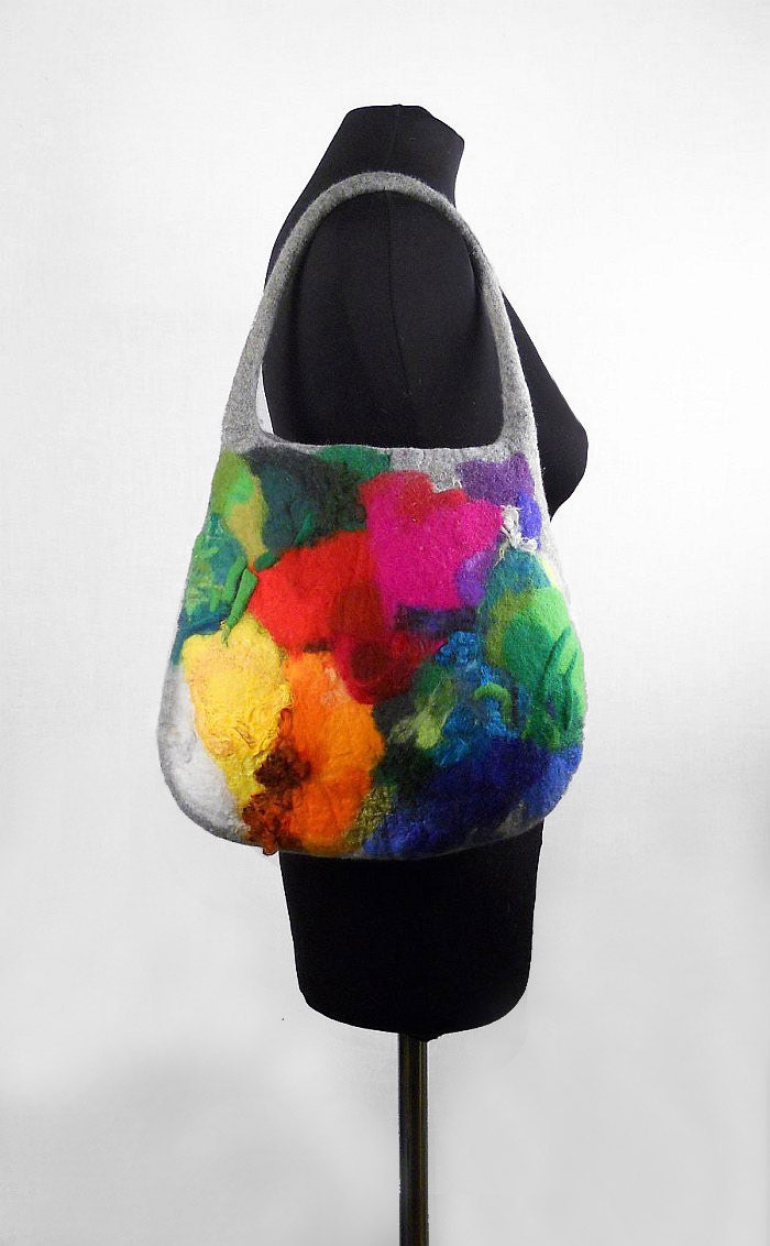 Felted Bag Handbag Purse wild Felt Nunofelt Nuno felt Silk Silkyfelted rainbow multicolor fairy fantasy shoulder bag Fiber Art boho
