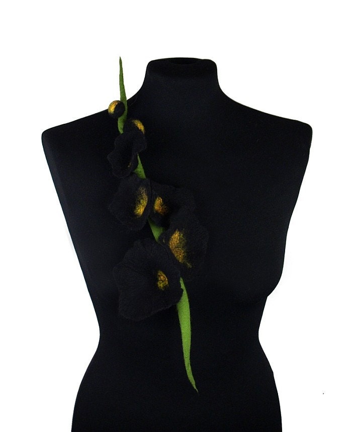 Mallow Felted Brooch Black Noir Flower felt nuno nunofelt silk flower folk boho wearable art fairy