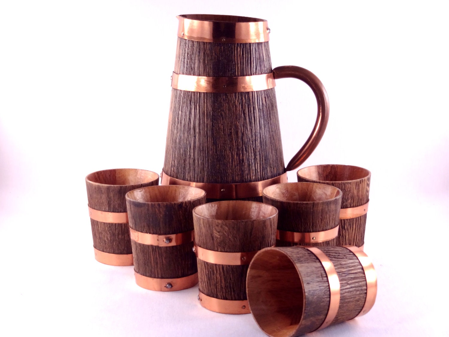 Vintage Wooden Water Pitcher and Tumblers With Copper Bands - Made In Spain