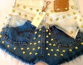 High waist destroyed blue ombre denim shorts super frayed and studs size Sm/Med/Lg