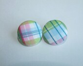 Pastel plaid earrings fabric covered button pink blue green white handmade round post for pierced ears