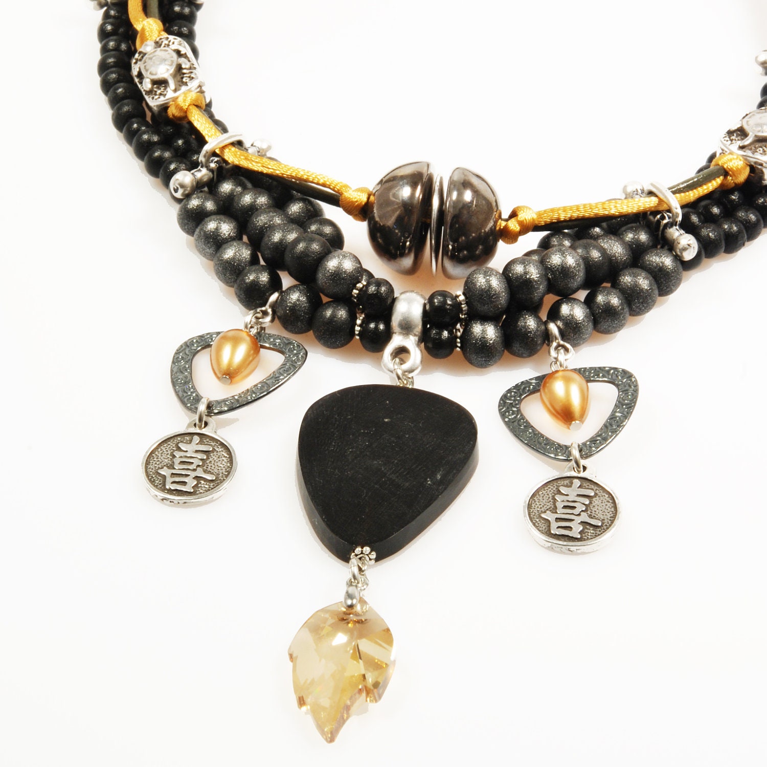 Statement necklace - black, anthracite, gold yellow - Asian Eastern style - wood, leather, satin cord - big Swarovski pendant