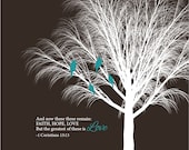 Inspirational Family Prints Personalized Name Tree Birds Home Decor Wall Art - 11 x 14 Brown Teal White -1 Corinthians 13:13 Love