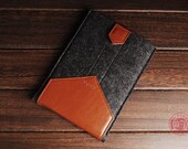 iPad Mini Sleeve Case Cover  - Dark Gray Wool Felt  Brown Leather
