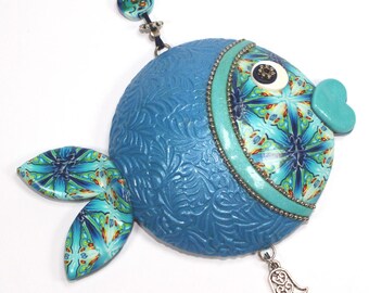 Blue fish wall decor, lucky fish, fish of fortune, Polymer clay handmade fish in blue, turquoise, green, white and silver