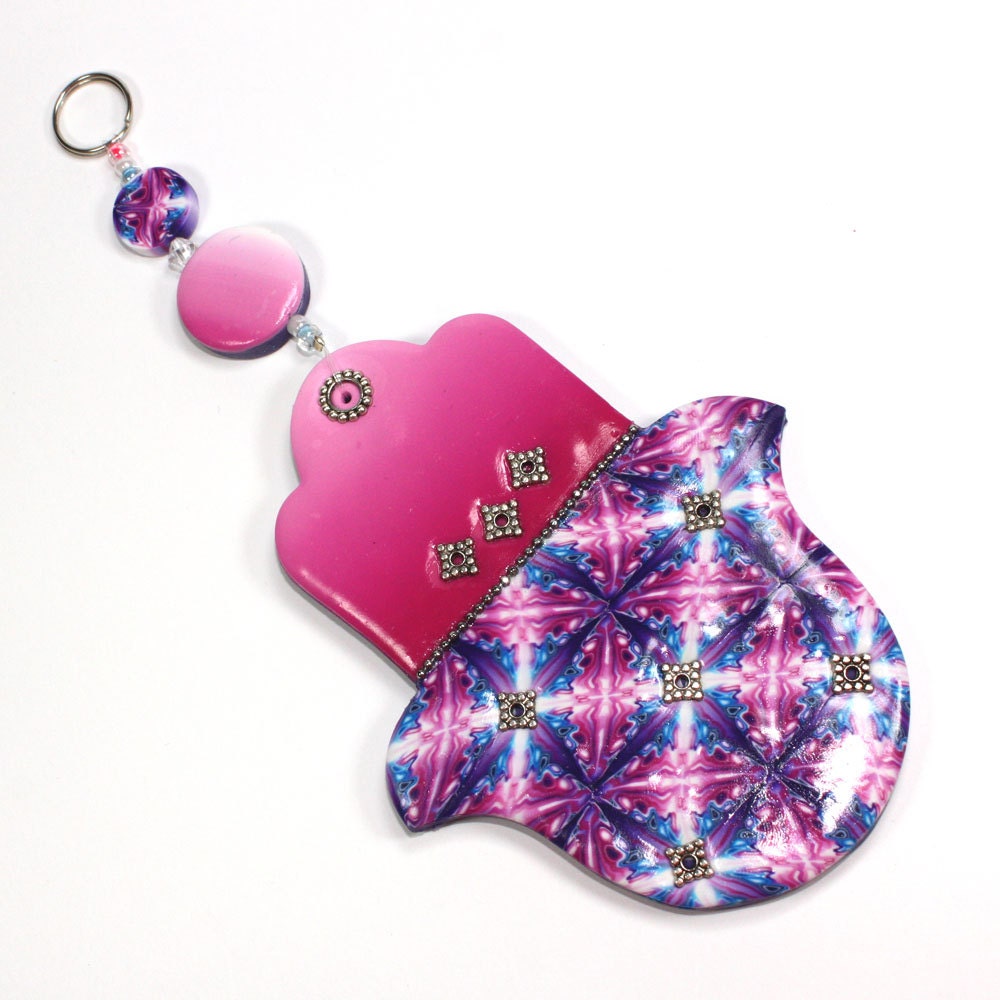Wall decor Hamsa, Polymer clay Hamsa, Good fortune Hamsa in a rich variety of pink, purple blue and white.